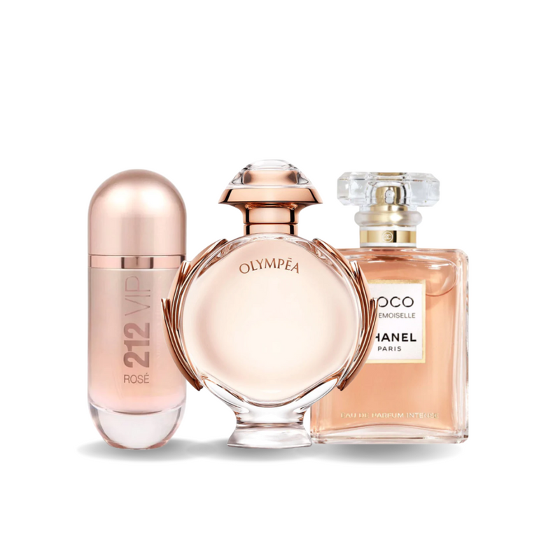 Combo 3 Perfumes - 212 VIP Rosé Carolina Herrera, Olympéa Paco Rabanne e Coco Mademoiselle Chanel